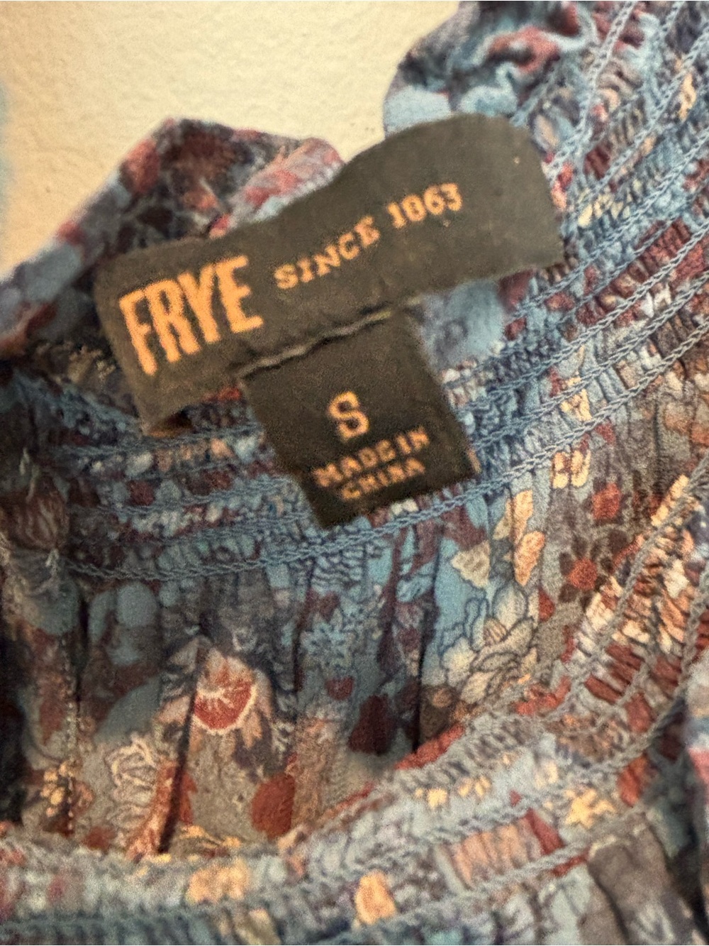Frye Slate Blue Floral Smocked Ruffle-Neck Blouse - Picture 2 of 3